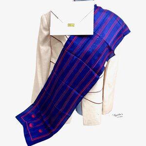New In Box The Designer Scarf 100%  silk 50"x11" dark navy blue red striped,(80)